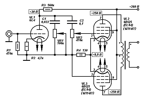 Схема усилителя на 6п3с и 6н2п схема